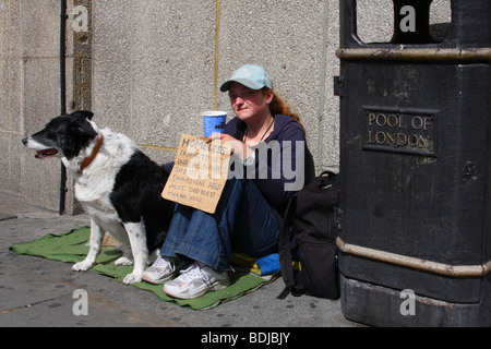 A young homeless female with a dog begging for money on a London Street. Stock Photo