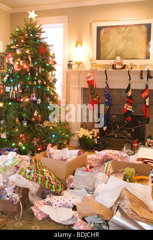 Messy Living Room After the Christmas Presents Have Been Opened Stock Photo