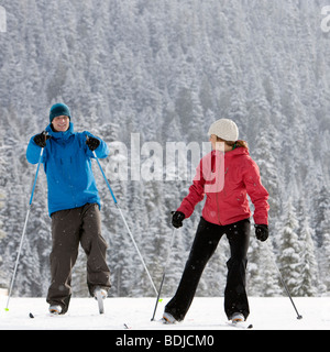 Close-up of Couple Cross Country Skiing, Whistler, British Columbia, Canada Stock Photo