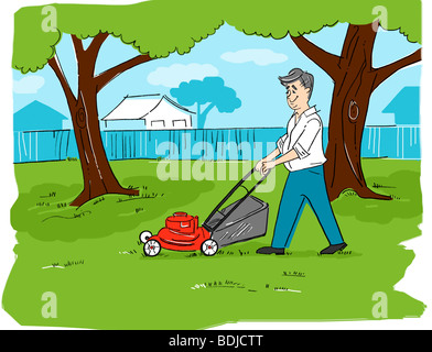 Illustration of Man Mowing the Lawn Stock Photo