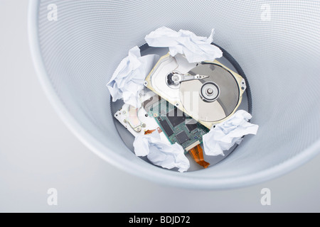 Computer Parts in Garbage Pail Stock Photo