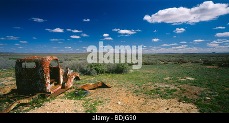 Landscape, Desert, Arid Plain, Car Wreck, Australia Stock Photo