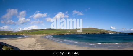 Panorama of Tombolo at St Ninians Isle on west coast of Shetland Stock Photo