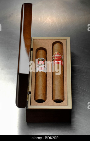 Box of handmade Cuban cigars. Stock Photo