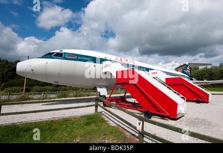 Hawker-Siddeley Trident 3B G-AWZK in the livery of BEA on static display at Manchester Airport viewing park Stock Photo