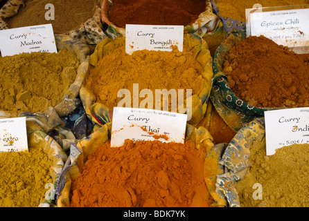 Spices for sale in a French country market Stock Photo