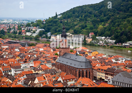 Heidelberg cathedral, city center and Neckar river viewed from above the city Stock Photo