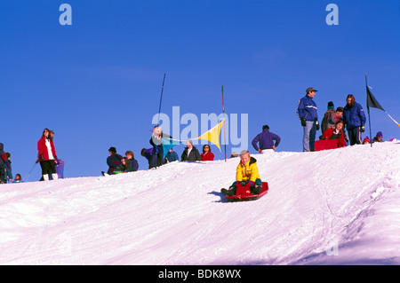 Children sledding on toboggan in Mount Seymour Provincial Park in 'Coast Mountains' North Vancouver British Columbia Columbia Stock Photo