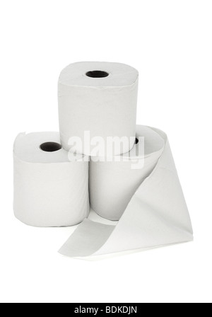 Three toilet rolls arranged on white background Stock Photo