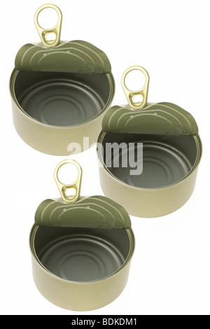 Elevated view of empty tin cans on white background Stock Photo