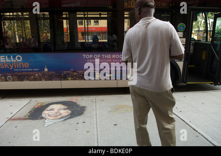 A portrait of Supreme Court Justice Sonia Sotomayor is seen on the sidewalk in New York Stock Photo