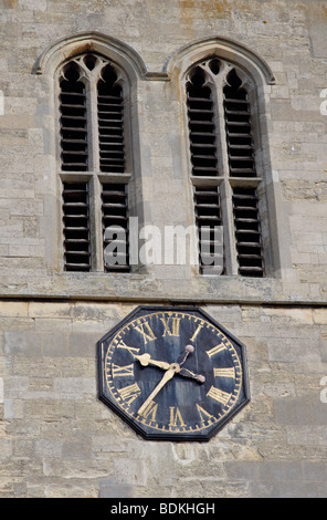 Clock and bell tower of church , Newport Pagnell , Buckinghamshire , England , UK Stock Photo