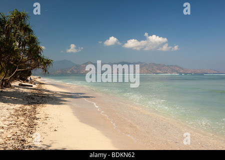 Indonesia, Lombok, Gili Air, white sand beach on coast opposite Gili Meno Stock Photo