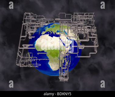 computer graphic image of the planet earth surrounded by a network of pipes, suggesting toxic waste or oil refineries Stock Photo