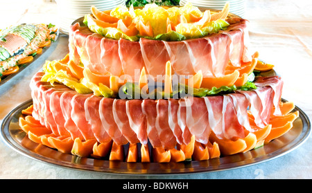 A Display of Prosciutto and Melon in the Gourmet tradition at the Relais delle Picchiaie Hotel on the Island of Elba, Italy Stock Photo