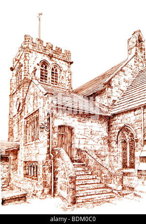 UK, Cheshire, Nether Alderley, Saint, Marys Parish Church, exterior steps to Stanley Pew private entrance sepia line drawing Stock Photo