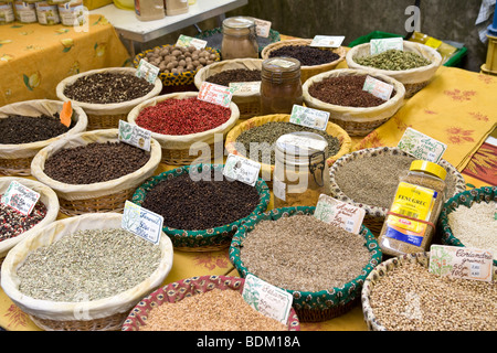 Loose powders for sale in an open street market in St Remy, Avignon, France Stock Photo