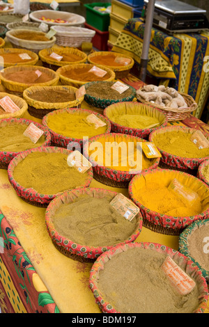 Loose curry powders for sale in an open street market in St Remy, Avignon, France Stock Photo