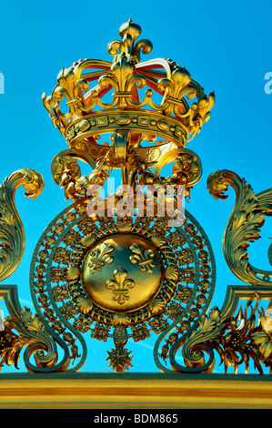 Paris, France - Architectural Detail, Close up, Detail, French Monument, 'Chateau de Versailles'. Palace of Versailles France Golden French King Crown Stock Photo