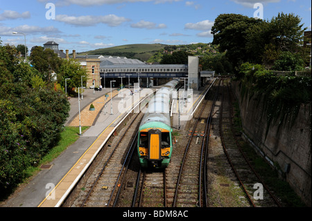 Train leaving the platform at Lewes railway station East Sussex UK British Rail Stock Photo