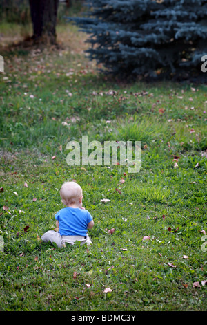 Baby boy sitting on the lawn, keeping himself busy. Stock Photo