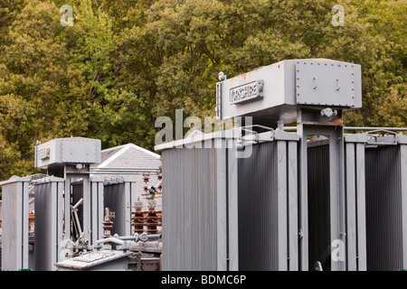 The electricity sub station at Bonnington hydro electric power station on the River Clyde at Lanark, Scotland, UK. Stock Photo