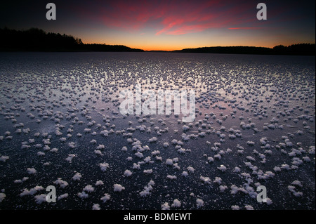Frost roses on the ice on a winter evening at Vanemfjorden in the lake Vansjø in Østfold, Norway. Stock Photo