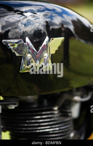 Matchless motorbike, Classic british motorcycle, chrome badge on black petrol tank. UK Stock Photo