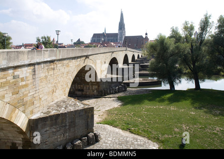 Regensburg, Blick über die Donau, Steinerne Brücke, Dom Stock Photo