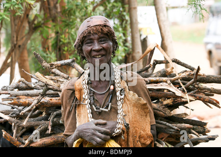 Africa, northern Ethiopia, Lalibela, smiling woman carries sticks and twigs on her back for cooking Stock Photo