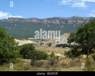 The ruins of the village of Esco in northern Spain, abandoned in 1959 when the valley below it was flooded to create the Embalse Stock Photo