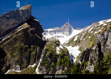 The Säntis, highest  peak of Appenzell with 2502m as seen from the seealpsee, Switzerland Stock Photo