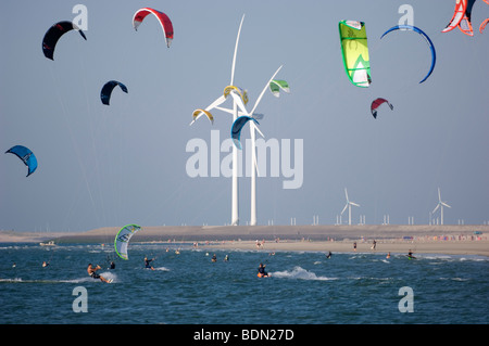 Kite surfers near the Oosterscheldekering (in English: Eastern Scheldt storm surge barrier), Zeeland, Netherlands. Stock Photo