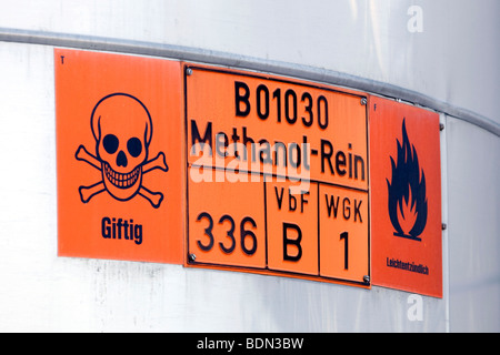 Warning sign, methyl, toxic, highly flammable, at the fuel depot of the pharmaceutical company Boehringer Ingelheim GmbH, Ingel Stock Photo