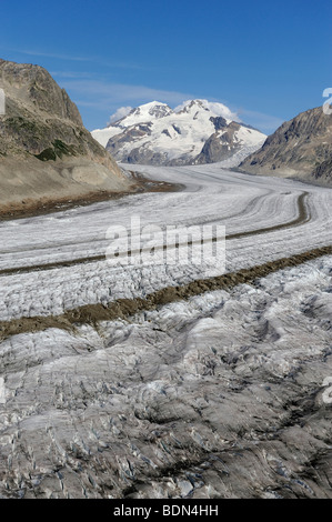 Great Aletschgletscher glacier, in the back Mt. Eiger, Mt. Moench and Mt. Jungfrau, Valais, Goms, Switzerland, Europe Stock Photo