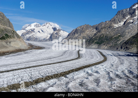 Great Aletschgletscher glacier, in the back Mt. Eiger, Mt. Moench and Mt. Jungfrau, Valais, Goms, Switzerland, Europe Stock Photo