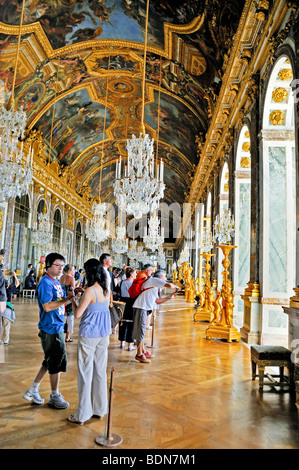 Paris, France - Crowd Tourists Visiting French Monuments, 'Chateau de Versailles', Royal Ballroom, 'Hall of Mirrors' Castle, Teenagers, Ball Room, Stock Photo