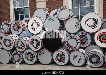 Notting Hill Carnival 2009, stacked drums from the Group Batala Stock Photo