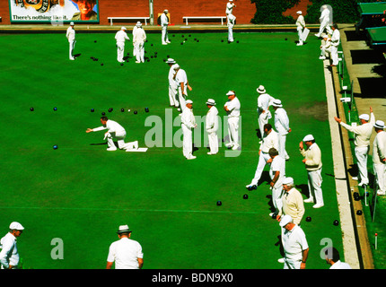 Lawn bowling club members at Camps Bay in Cape Town South Africa below Table Mountain Stock Photo