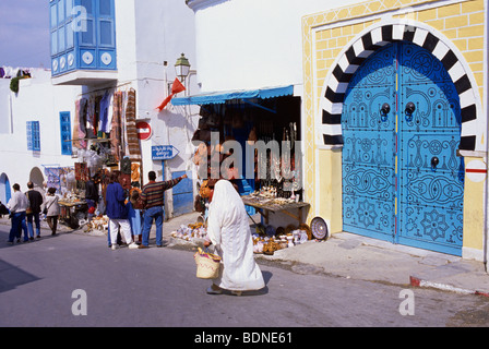 Typical Tunisian blue doorway in the enchanting village of Sidi Bou Said Stock Photo