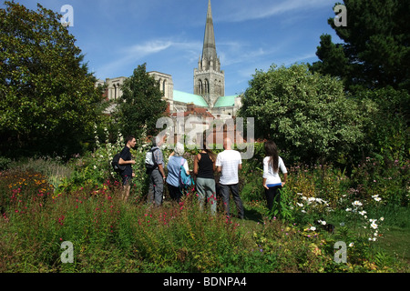 group of people looking at Chichester Cathedral. West Sussex Stock Photo