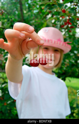 Freshly picked, blond girl with summer hat, 5 years, holding up two cherries with her fingers, sour cherries (Prunus cerasus) Stock Photo