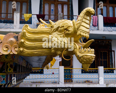 Ornamental dragon head on the entrance arch of the Zigar Drukpa Kargyud Institute. Rewalsar. Himachal Pradesh. India. Stock Photo