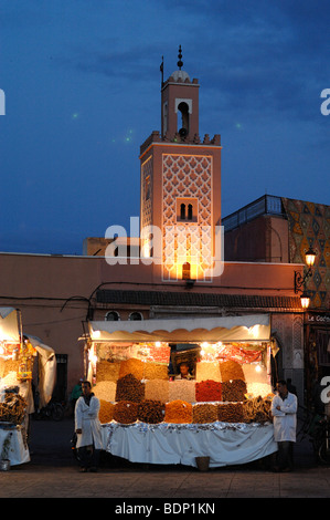 Evening Dried Food Stall on Djemaa El-Fna or Djemma El Fna Square, Marrakesh, Morocco Stock Photo