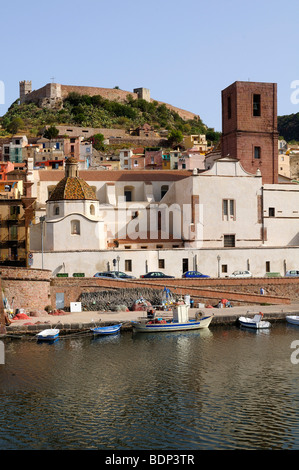 View of the Cathedral of the Immaculate and Malaspina Fortress, Bosa, Oristano, Sardinia, Italy, Europe Stock Photo