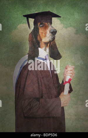 fantasy graduation scene where the student has the head of a dog Stock Photo