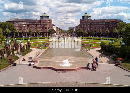 Fountain in front of the water tower, Mannheim, Baden-Wuerttemberg, Germany, Europe Stock Photo