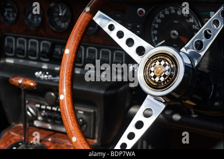 Inside an E Type V12 Jaguar. Classic british sports car Stock Photo