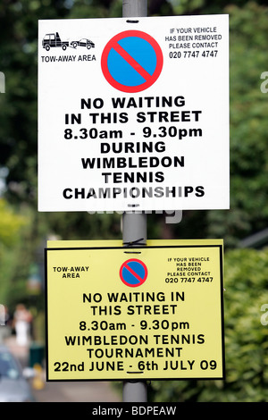 No waiting signs in the streets outside the grounds during the 2009 Wimbledon Tennis Championships Stock Photo