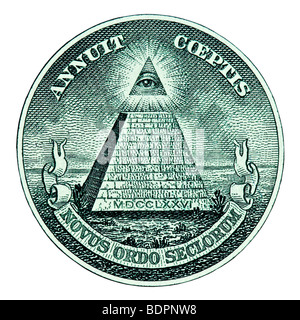 Pyramid with eye on one dollar bill cut out  macro. Mason sing symbol. Stock Photo